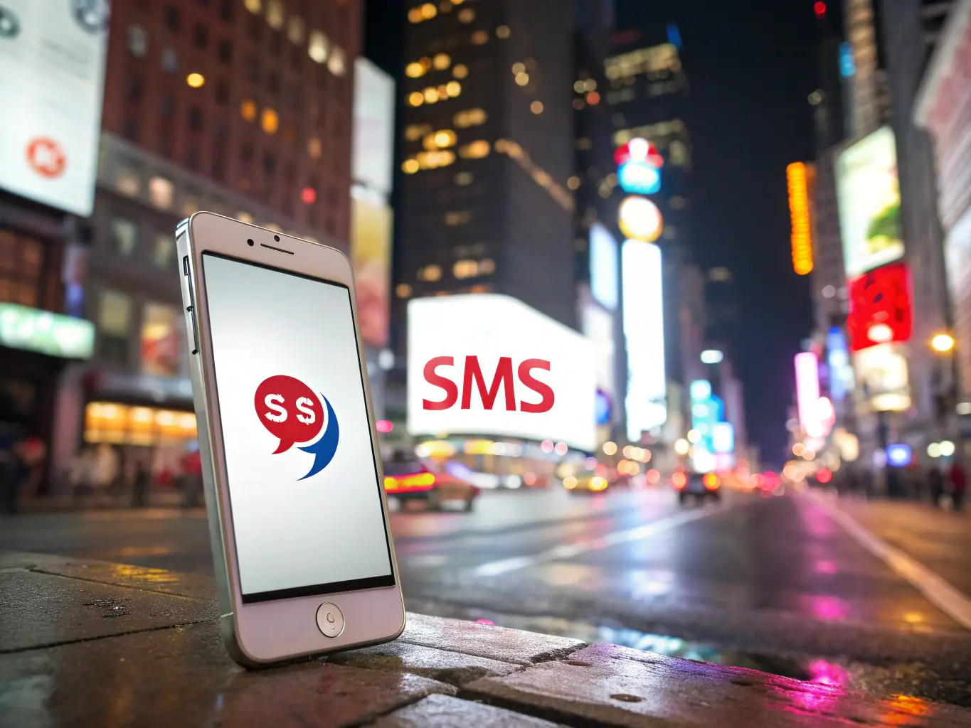 A mobile phone displaying a promotional SMS message from OVSTELECOM, showcasing a special offer or update. The background is a vibrant cityscape, emphasizing the reach and immediacy of SMS marketing.