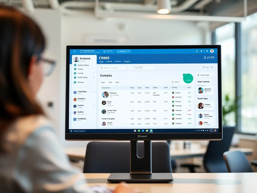 A tablet displaying a CRM interface with integrated SMS messaging, showing how OVSTELECOM's AI receptionist can send automated follow-up messages to leads. The setting is a dynamic office environment, highlighting the integration with CRM systems.