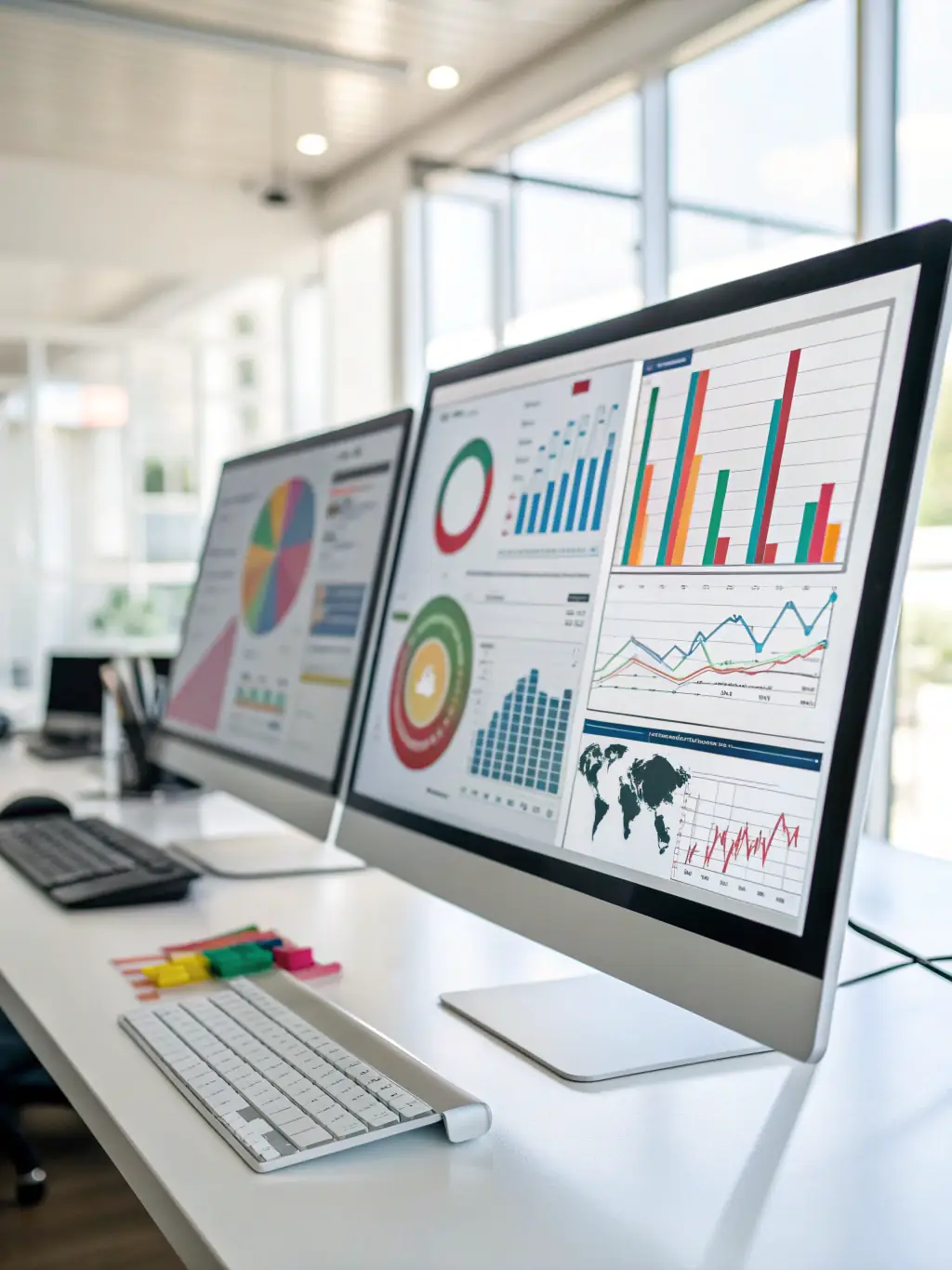 A professional office environment with a focus on a computer screen displaying call management software interface, showcasing real-time call analytics and routing options.