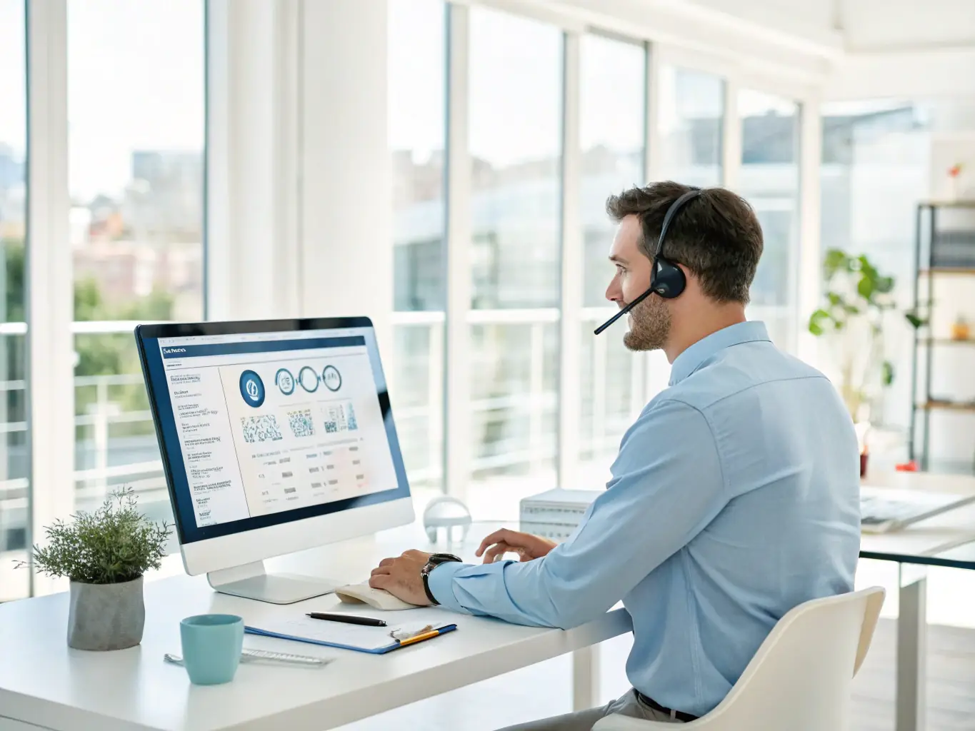 A customer service representative using a CRM system with integrated AI insights from OVSTELECOM, demonstrating improved customer interactions and personalized service delivery.