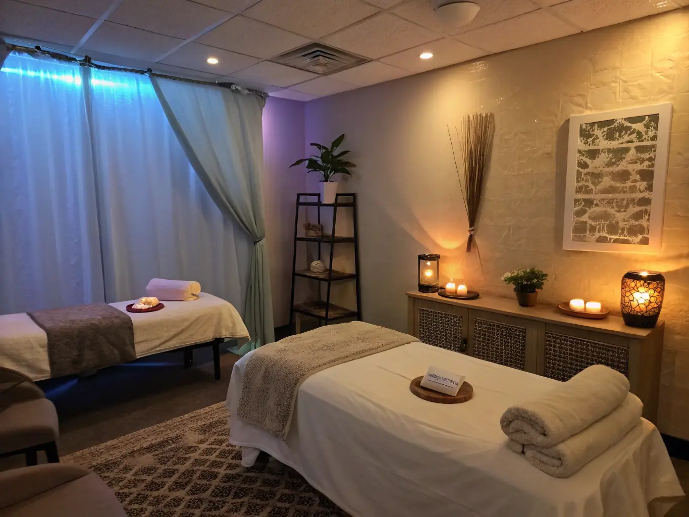 A cozy massage salon where the therapist uses OVSTELECOM's AI software on a smartphone to confirm appointments and send reminders to clients.