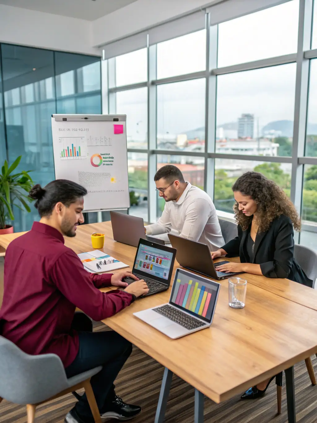 A professional office setting with a diverse team collaborating around a large screen displaying CRM data and call analytics, showcasing the integration of call automation and CRM.