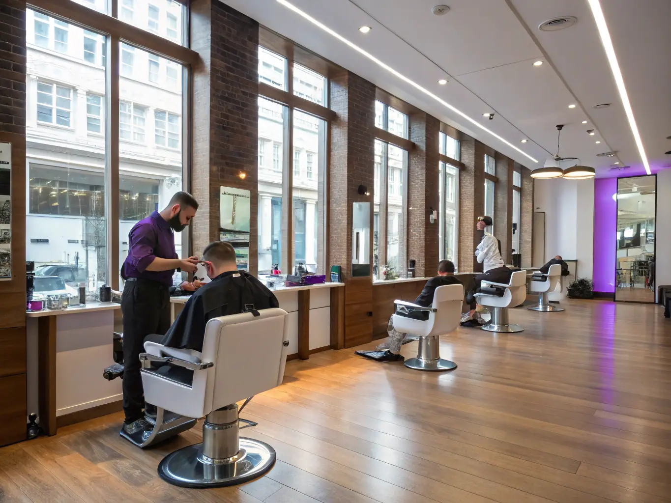 A modern barbershop with a barber using OVSTELECOM's AI software on a laptop to manage bookings and communicate with clients about their appointments.