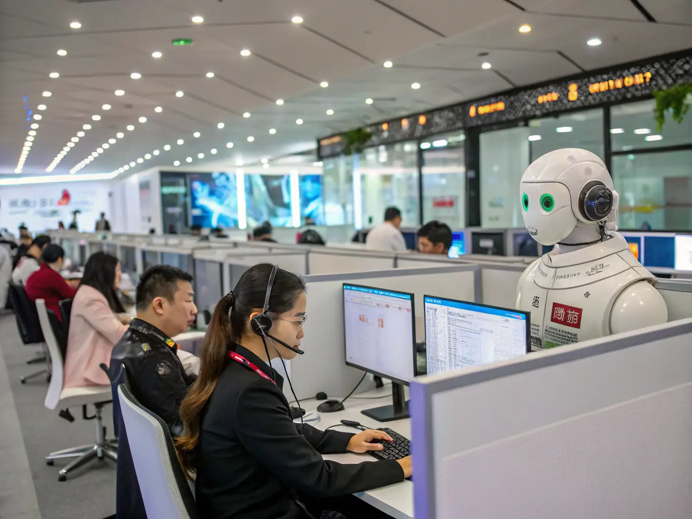 A call center environment with agents efficiently managing customer inquiries using call center creation software.