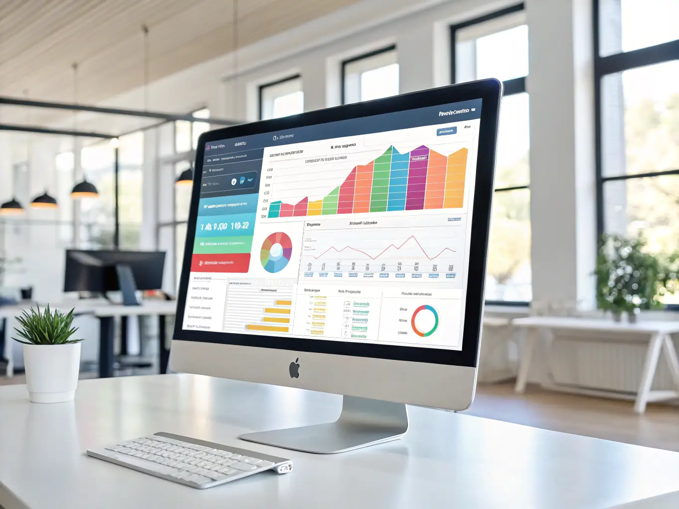 A professional office setting with a computer screen displaying a CRM dashboard integrated with OVSTELECOM's AI receptionist interface, showing real-time lead updates and customer interactions.