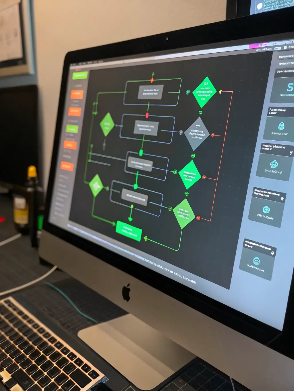 A modern software interface showing call routing options and flow diagrams on a computer screen, with a professional office setting.