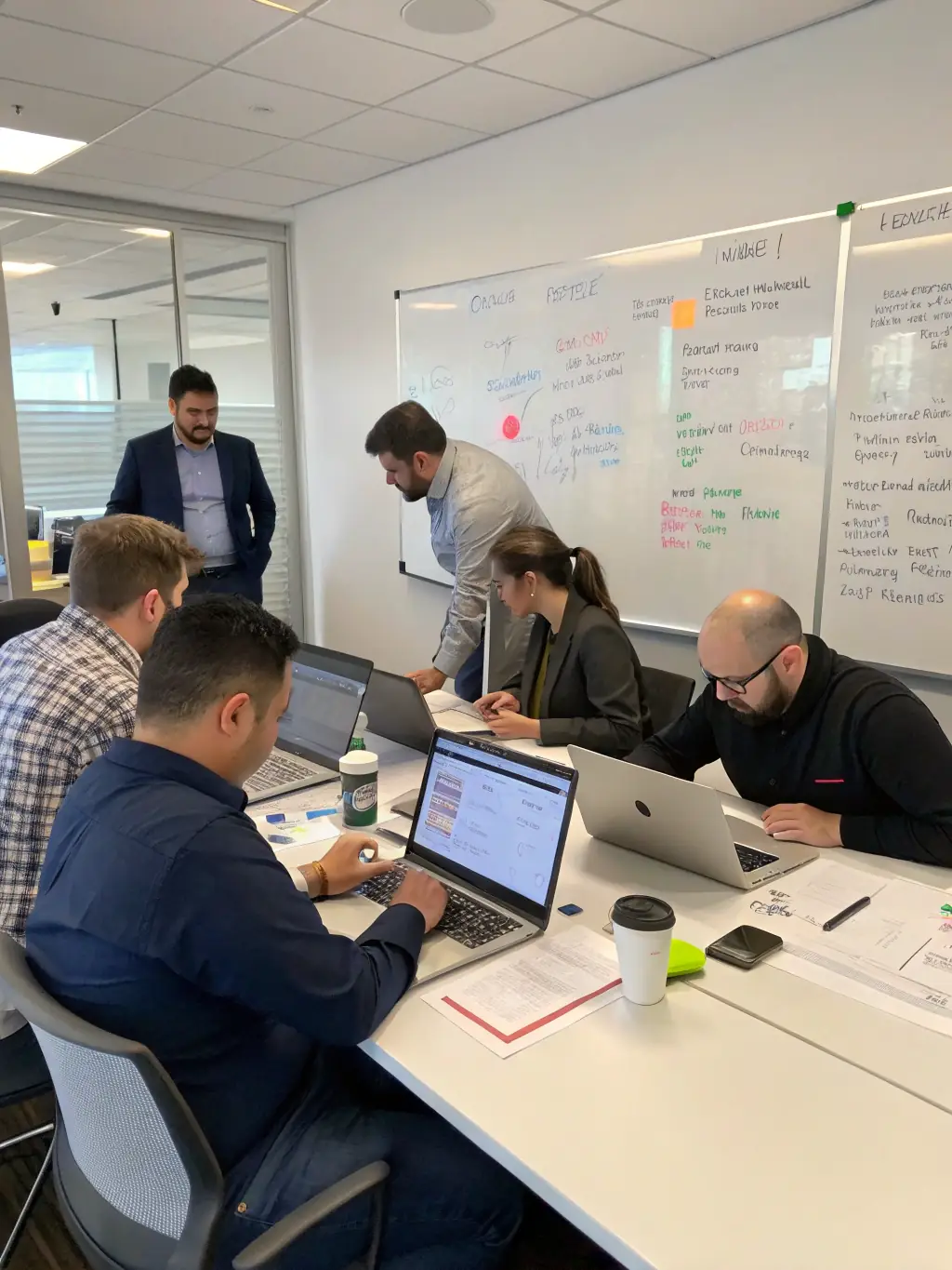 A professional office setting with a diverse team collaborating on CRM integration, showcasing OVSTELECOM's solution for efficient customer relationship management.