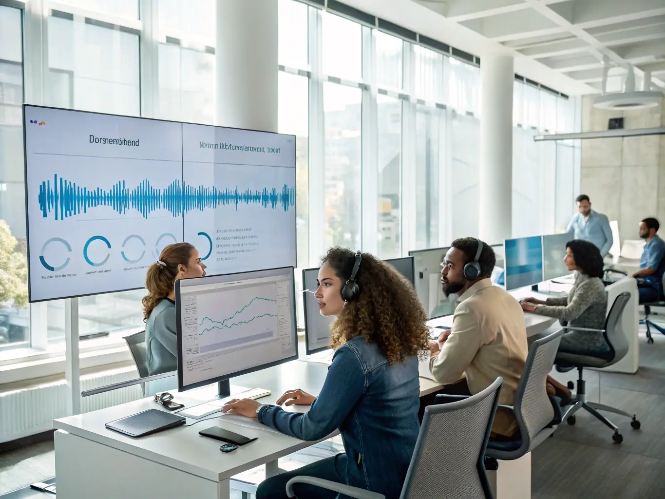 An office setting where employees are working efficiently, with OVSTELECOM's AI Receptionist handling routine tasks in the background.