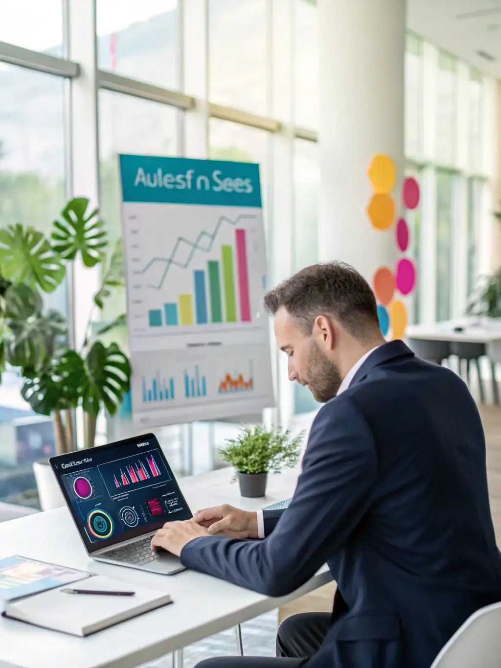 A depiction of a sales representative efficiently managing leads and closing deals using OVSTELECOM's integrated call automation and CRM platform.