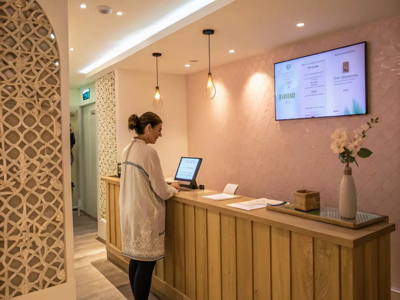 A brightly lit beauty salon with a receptionist using OVSTELECOM's AI software on a tablet to manage appointments and customer inquiries.