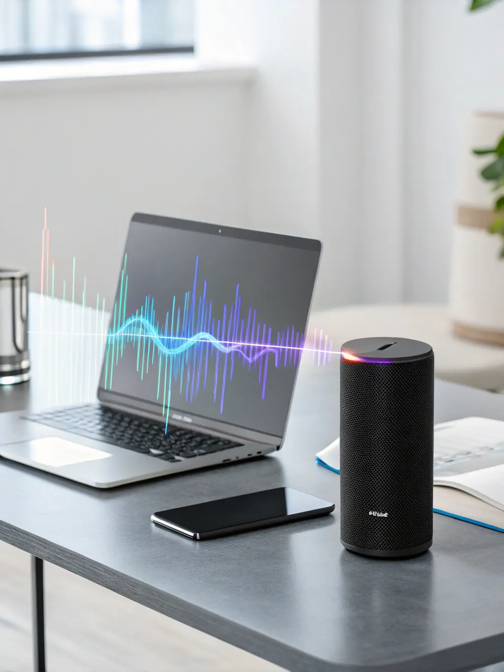 A sleek, modern AI voice assistant device with a smooth, futuristic design, featuring a microphone and speaker system, set against a neutral background. The device has a minimalist aesthetic with subtle LED indicators and a digital display showing waveforms or call status.