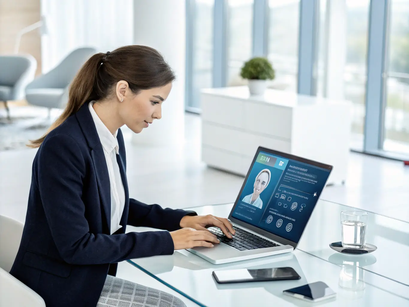 A professional office setting with a friendly AI receptionist avatar answering a call on a digital interface, showcasing improved customer service.