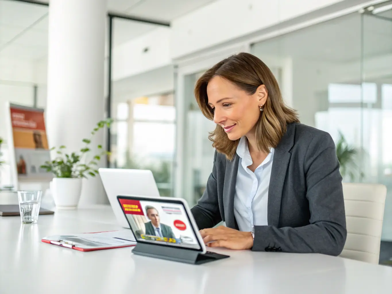 A professional business owner smiling while reviewing customer feedback on a tablet, showcasing improved customer service through OVSTELECOM's AI Receptionist.
