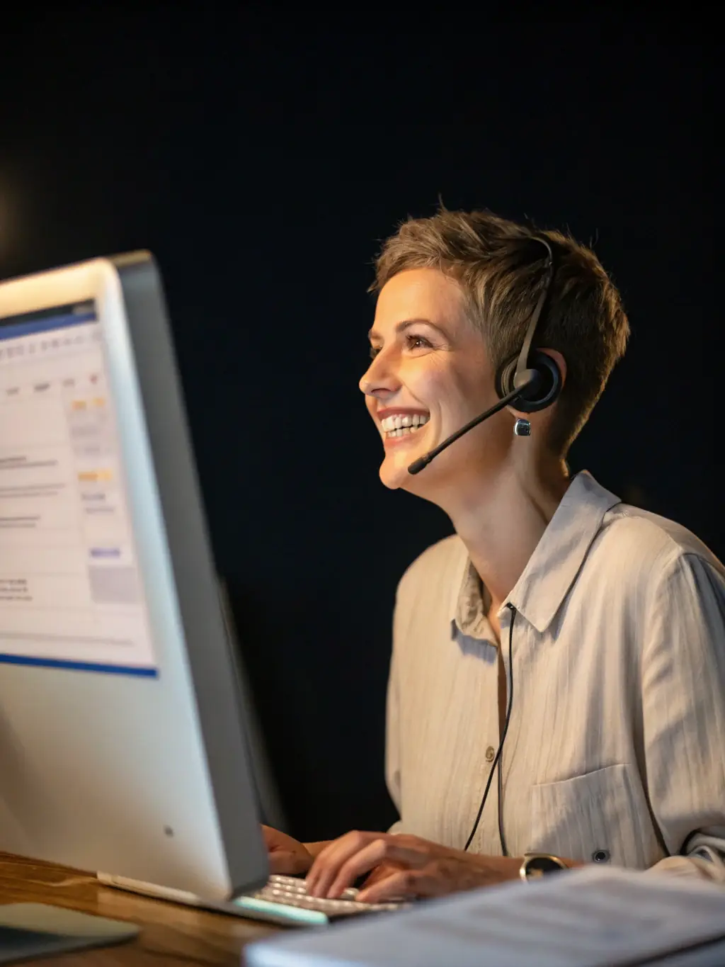 A graphic showing a customer service agent smiling while efficiently handling multiple customer inquiries simultaneously, using AI-powered tools.