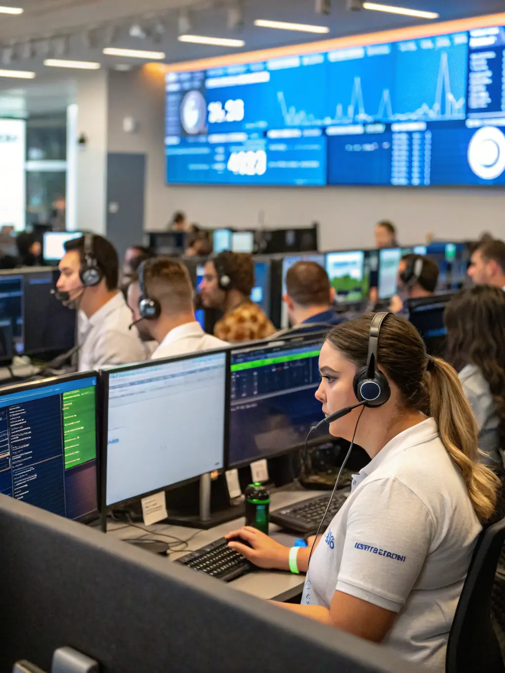 A modern call center setup with agents wearing headsets, interacting with customers, and using call center creation software on their computers.