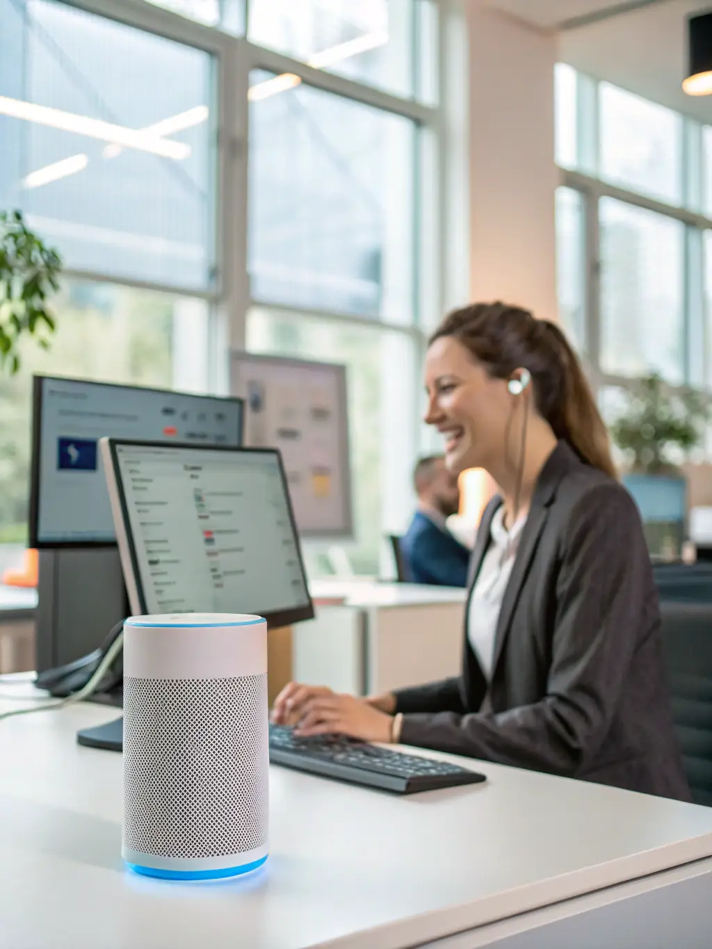 A visual representation of OVSTELECOM's AI receptionist answering a call with a friendly, human-like voice, seamlessly handling customer inquiries.